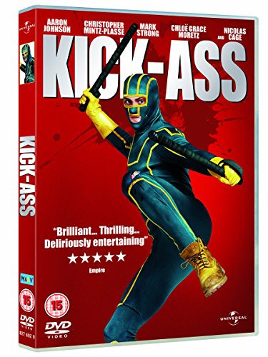 "Kick-Ass DVD case featuring a masked man in a blue and yellow costume."