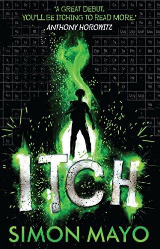Book cover with a silhouette surrounded by green sparks, titled "Itch" by Simon Mayo.