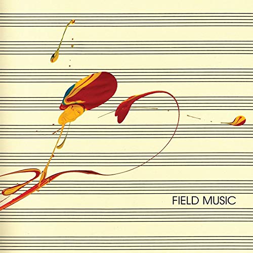 "Album cover with flower petals on sheet music, 'Field Music' text at bottom right."