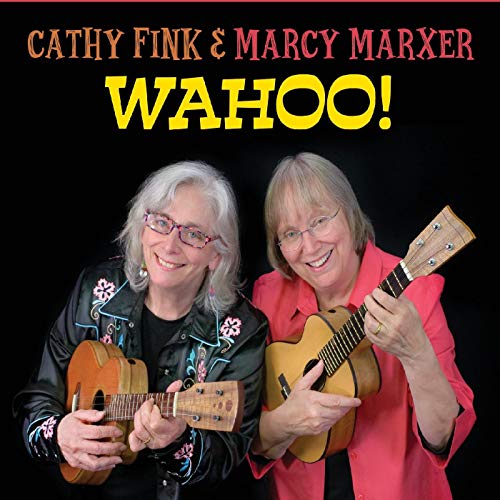 "Album cover featuring two smiling women holding ukuleles against a black background."