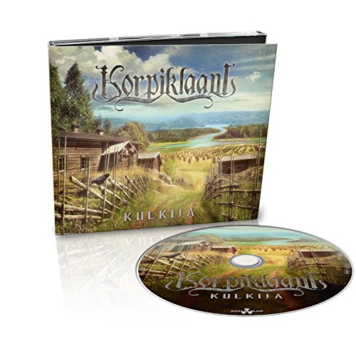 "Album cover with rural landscape, wooden buildings, and a dirt path, featuring 'Korpiklaani' and 'Kulkija'."