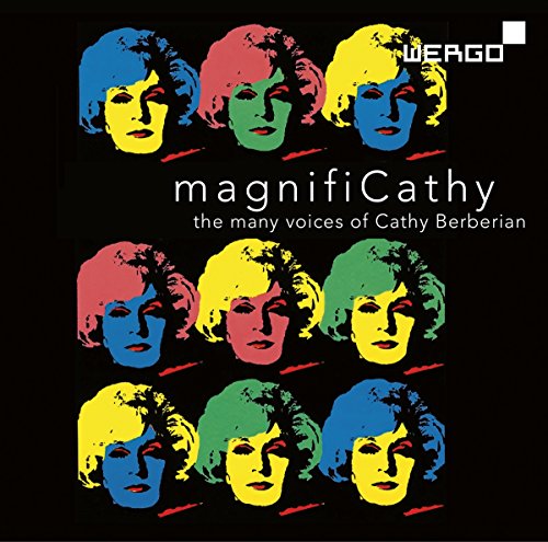 "Album cover with 12 colorful portraits of Cathy Berberian on a black background."