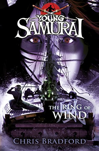 "Book cover with masked face, ship, and samurai, titled 'Young Samurai: The Ring of Wind'."