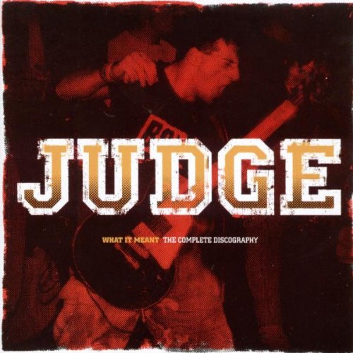 "Album cover with 'JUDGE' in large text, man playing guitar in the background."