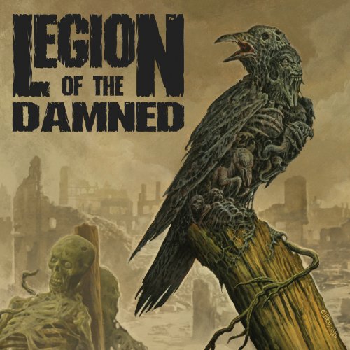 "Album cover art: a grotesque crow perched on a post, with a zombie cityscape."