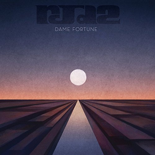 "Album cover art with 'rjd2' and 'Dame Fortune' text, featuring a full moon over a pathway."