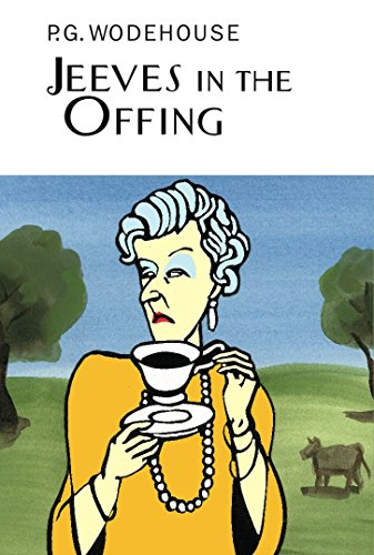 "Book cover of 'Jeeves In The Offing' by P.G. Wodehouse, featuring a cartoon woman."