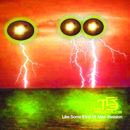 "CD cover art: three glowing orbs and lightning on a red and green background."