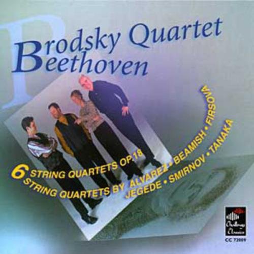 "CD cover with Brodsky Quartet image and Beethoven portrait on blue background."