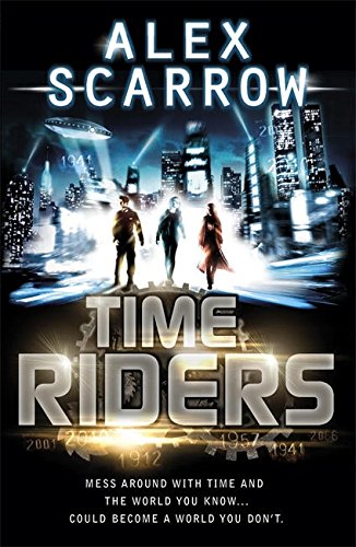 "Book cover with three figures in a futuristic cityscape, 'TimeRiders' in silver font."