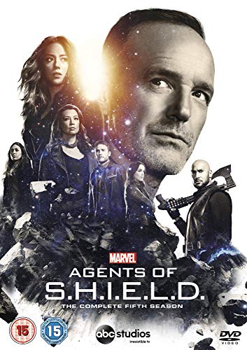 "Agents of S.H.I.E.L.D. Season 5 DVD cover featuring main characters and a man in space."