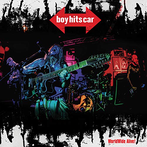 "Album cover with band 'Boy Hits Car' performing on stage, surrounded by dark, grungy design."