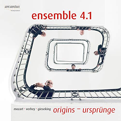 Album cover with five musicians on a spiral staircase, viewed from above.