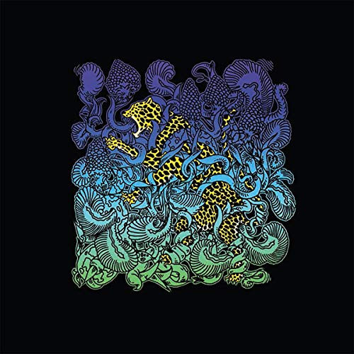 A vinyl record cover featuring a colorful, stylized illustration of leopards and jellyfish on a black background.