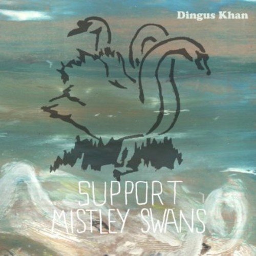 "Album cover with abstract swans on a watery background, titled 'Dingus Khan - Support Mistley Swans'."