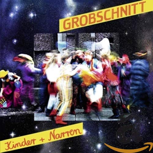 "Album cover with blurry dancing figures and yellow banners on a starry background."