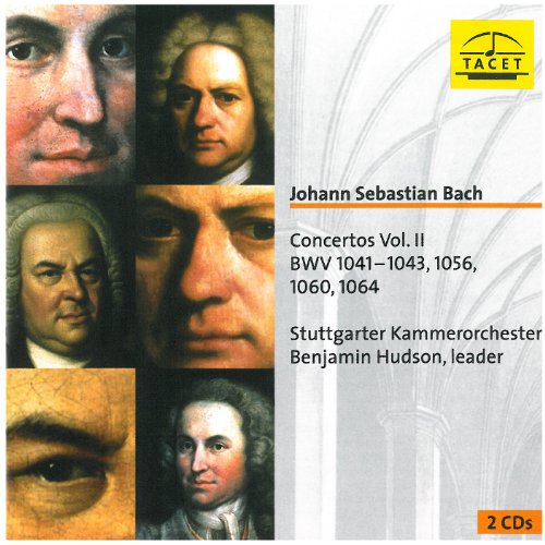 CD cover with collage of Bach's portraits and text details.
