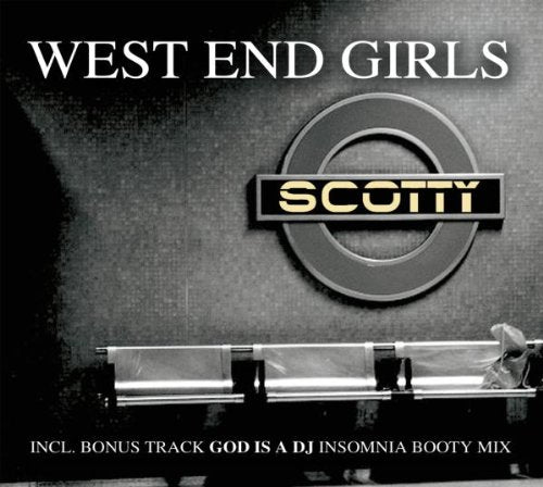 "CD cover for Scotty's 'West End Girls' with a silver logo and text."