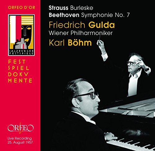 Red and black CD cover with pianist and conductor in black and white.