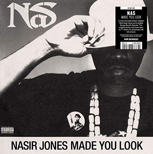 Black and white vinyl record cover featuring Nasir Jones with a hat and jewelry.