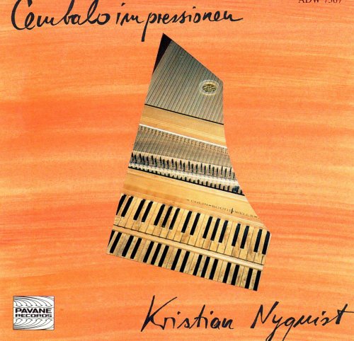The image is a CD cover featuring a harpsichord on an orange background. Alt text: Orange CD cover with harpsichord image and artist's signature.