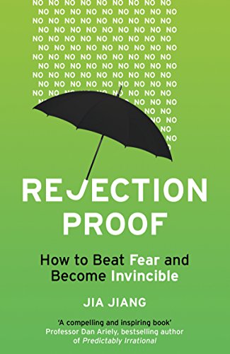 "Book cover with black umbrella and 'NO' text on green background, titled 'Rejection Proof'."