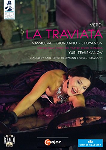 DVD cover for "La Traviata" featuring a woman in a purple dress reclining.