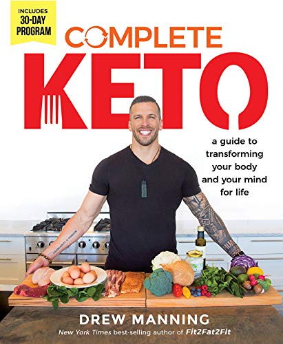 "Book cover featuring a man standing behind a table with keto foods."