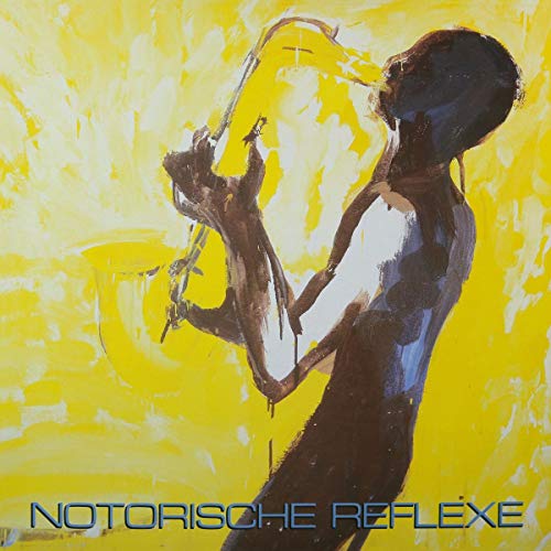 Album cover art: abstract painting of a person playing saxophone, yellow background, blue text.