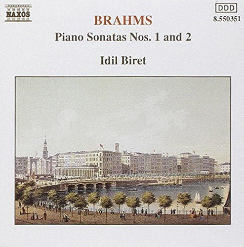 "CD cover with vintage cityscape image, Brahms' name in red, and artist Idil Biret's name."