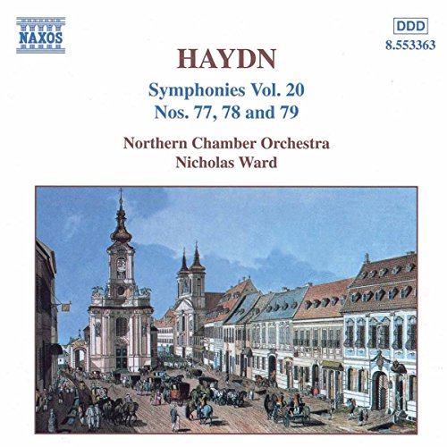 "CD cover with 'HAYDN Symphonies Vol. 20' and a 18th-century town illustration."