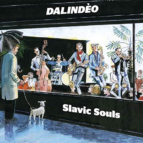 "Album cover art: cartoon of band performing, man walking dog outside, rainy scene."