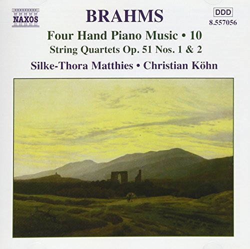 A CD cover featuring a serene landscape painting with Brahms' name and music details.