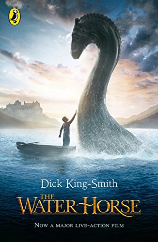 Book cover: boy in a boat touches a rising sea serpent, castle in background.