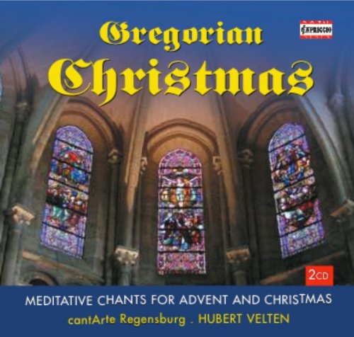 "CD cover featuring stained glass church windows with 'Gregorian Christmas' title in yellow text."