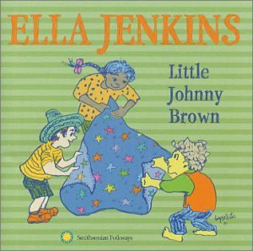 "Album cover with cartoon children playing, green striped background, Ella Jenkins title."