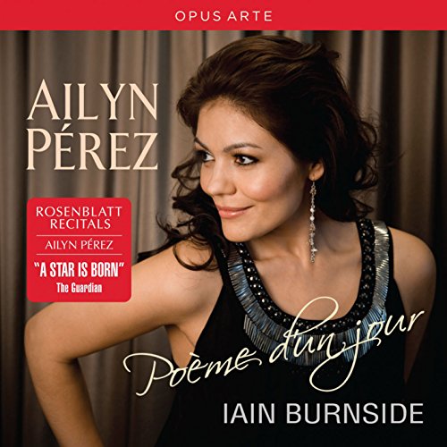 Ailyn Pérez in a black dress, against a brown curtain background, on a CD cover.