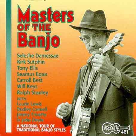 "Album cover featuring a man playing banjo, with red title and orange background gradient."