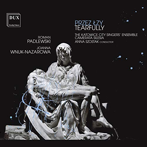 A Pieta sculpture with blue splatters on a black album cover with white text.