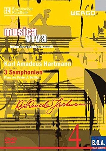 The image is a DVD cover for "Hartmann: 3 Symphonies." Alt text: Yellow DVD cover with musical notes and text "musica viva" and "Karl Amadeus Hartmann".