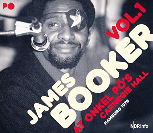 Black and white photo of James Booker with microphone and text overlay on album cover.