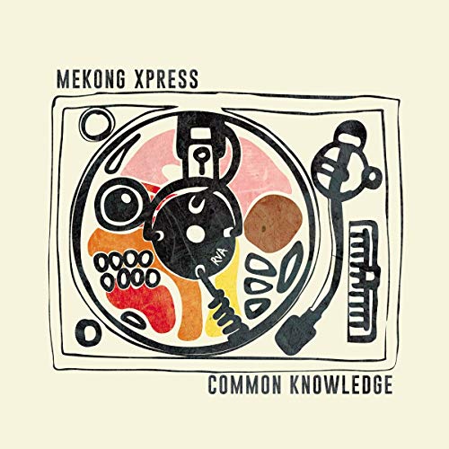 "Album cover featuring a stylized record player on a beige background with colorful accents."