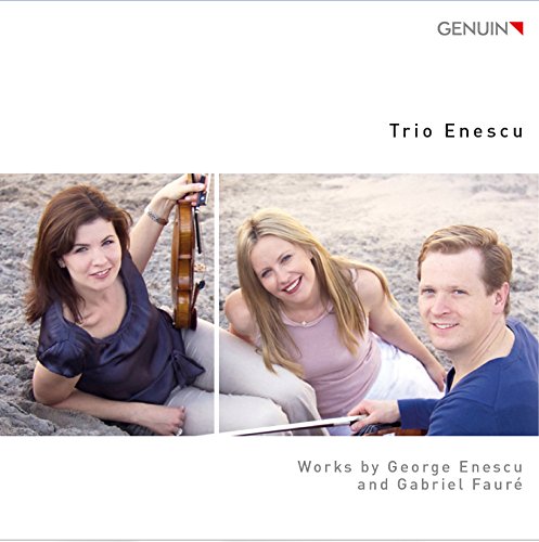 CD cover with Trio Enescu musicians on beach, holding violins and smiling.