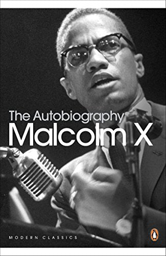 Book cover featuring black-and-white photo of Malcolm X speaking into a microphone.