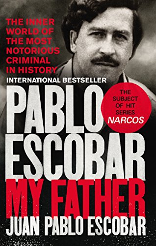 Book cover with black and white photo of Pablo Escobar and red and white text.