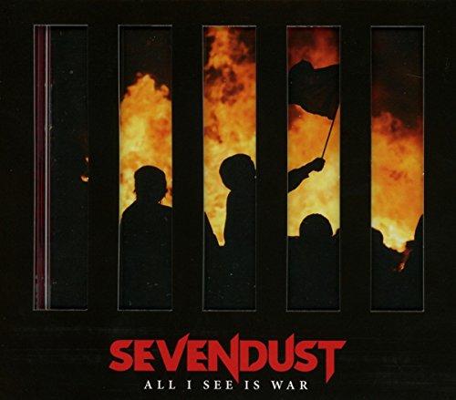 "Sevendust album cover with silhouettes behind bars and a fiery background."