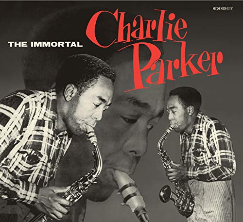 "Album cover featuring black and white image of Charlie Parker playing saxophone."