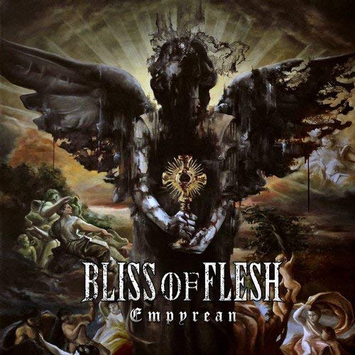 "Album cover art: dark, winged figure with cherubs and cloudy sky, 'Bliss of Flesh Empyrean'."