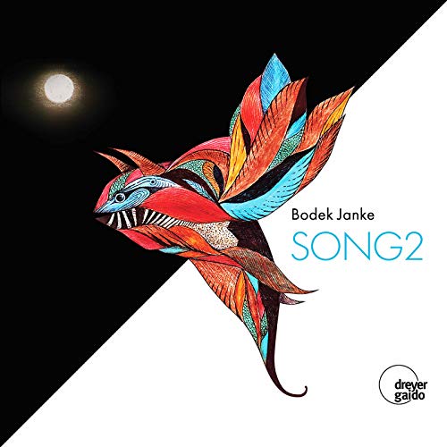 "Album cover with colorful bird illustration on black and white diagonal background."