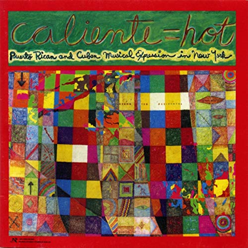 "Album cover with mosaic pattern and 'caliente = hot' text on a red background."